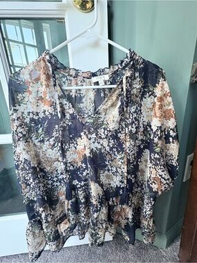 Umgee Navy Floral Print Top with Cream and Olive Accents